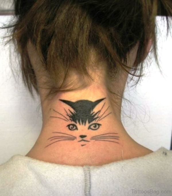 Nice Cat Face Tattoo On Neck