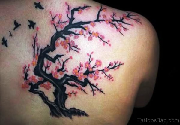 Nice Colored Cherry Blossom Tree Tattoo Design 