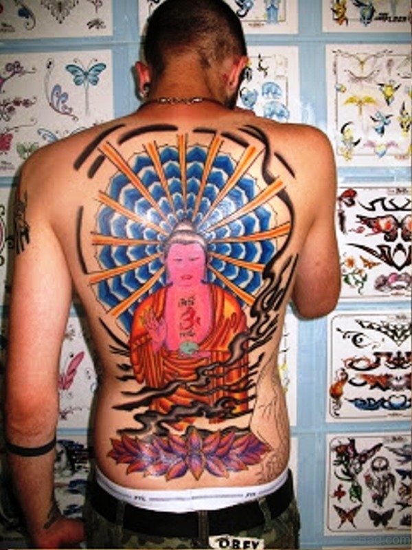 Nice Colorful Buddha Tattoo On Back