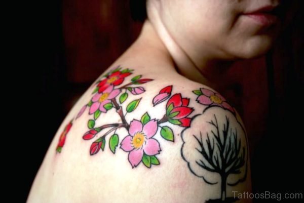 Nice Colorful Cherry Blossom Flower Tattoo 