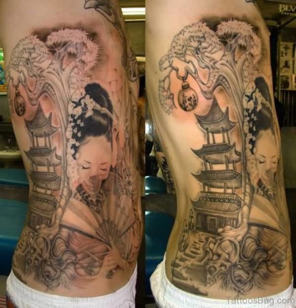 Nice Geisha Tattoo On Rib