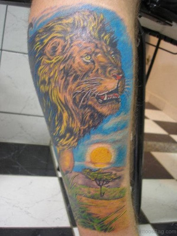 Nice Lion Tattoo On Leg