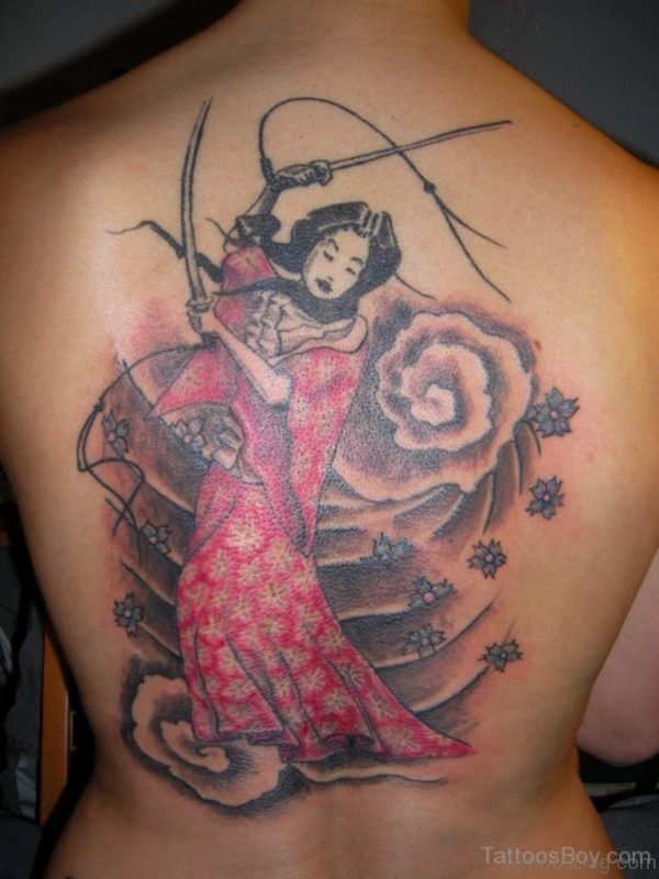 Nice Looking Geisha Tattoo On Back