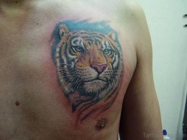 Nice Looking Tiger Tattoo On Chest