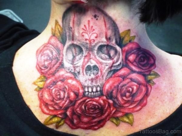 Nice Skull And Roses Tattoo For Neck