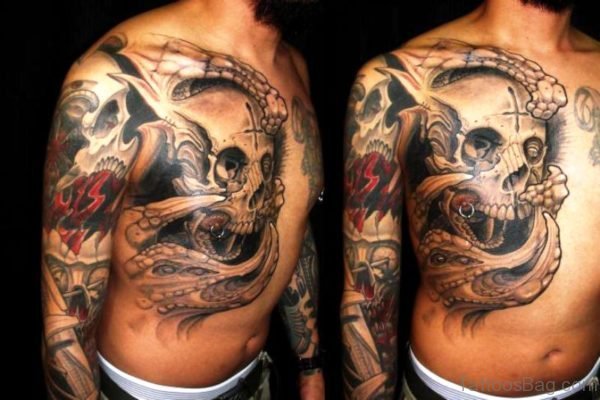 Nice Skull Tattoo On Right Shoulder 