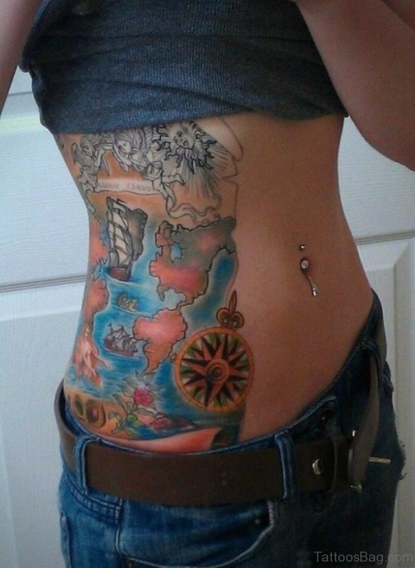 Nice World Map Tattoo On Rib