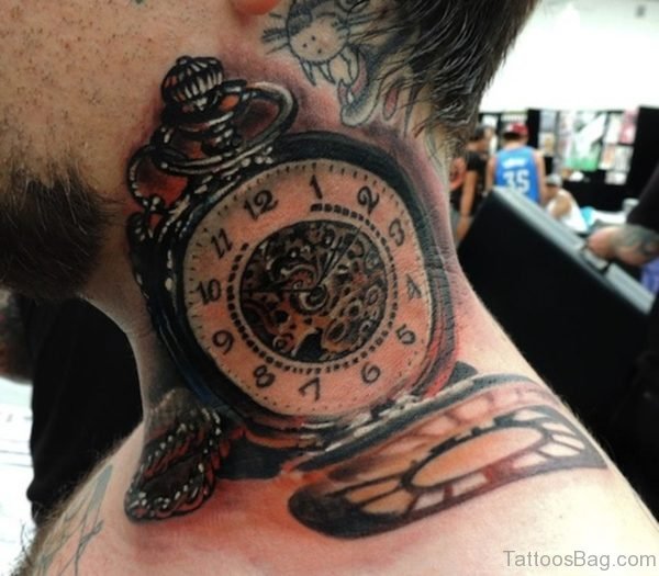 Old Clock Tattoo On Neck 