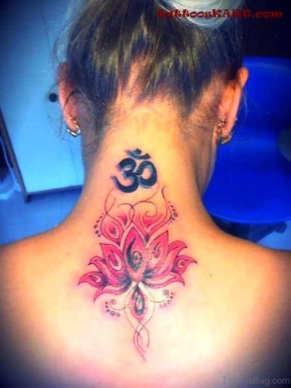 Om And Lotus Tattoo On Neck