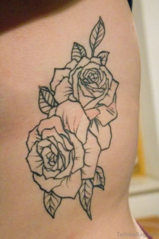 Outline Rose Tattoo On Rib