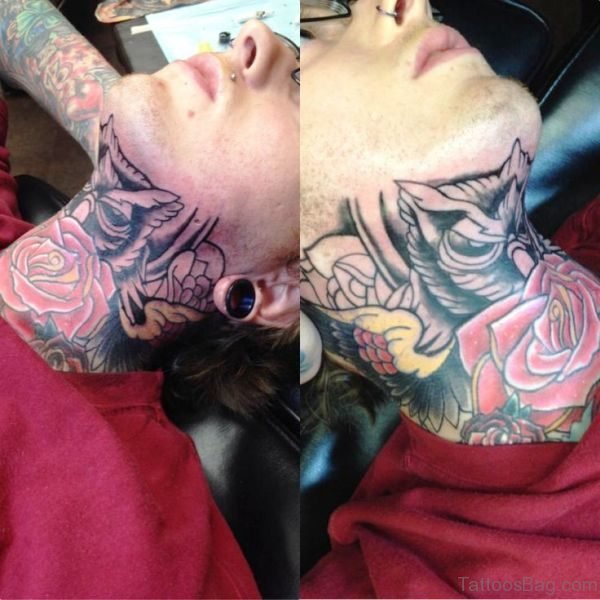 Owel And Rose Tattoo On Neck