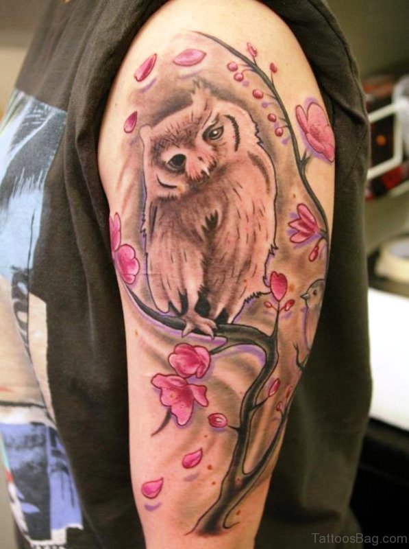 Owl And Cherry Blossom Tree Tattoo Design 