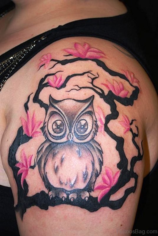 Owl And Cherry Blossom Tree Tattoo 