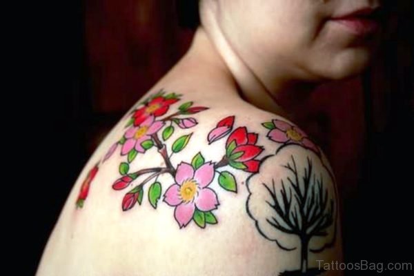 Pink And Rose Flower Tattoo On Shoulder