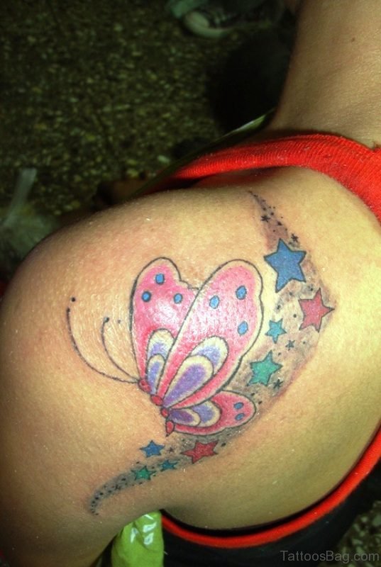 Pink Butterfly Ans Star Tattoo