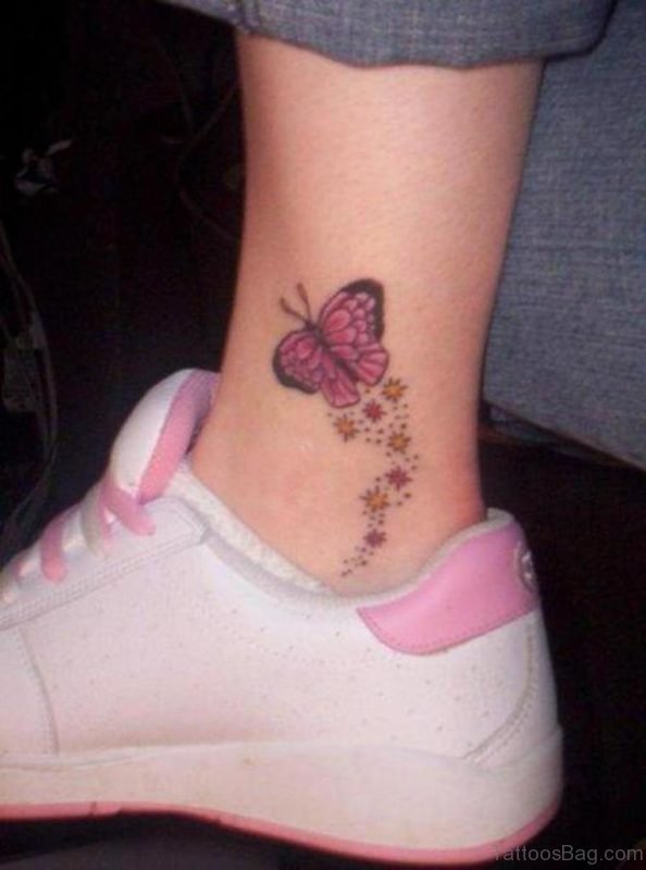 Pink Butterfly Tattoo On Ankle