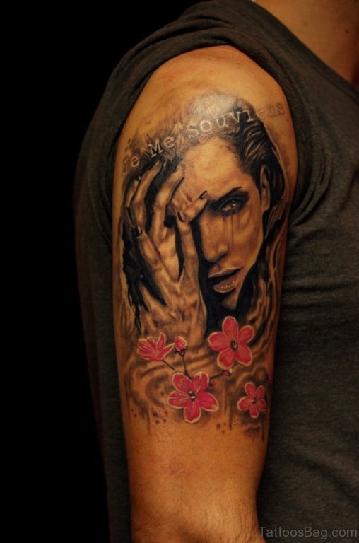 Pink Flower And Portrait Girl Tattoo