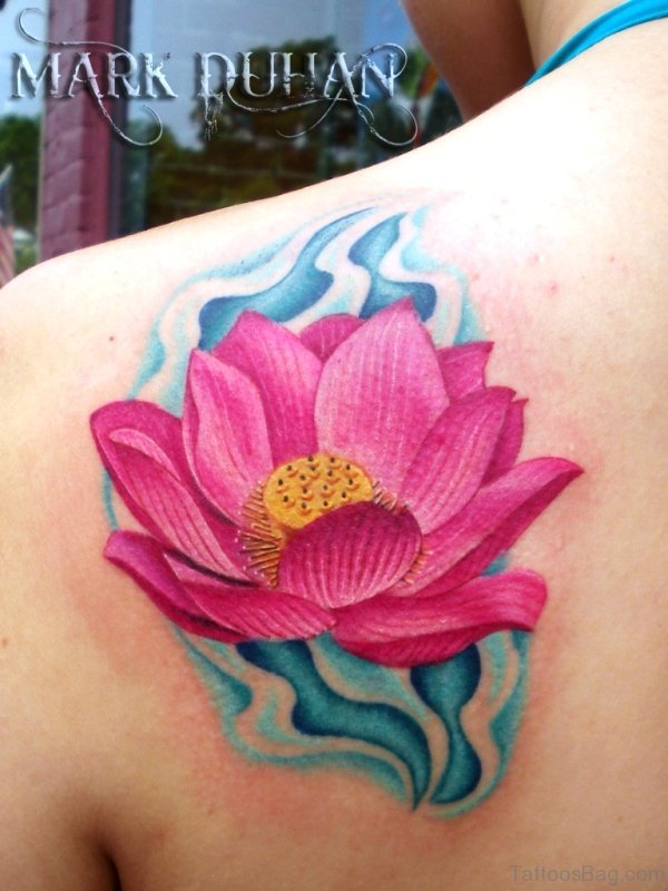 Pink Flower Tattoo On Back Shoulder