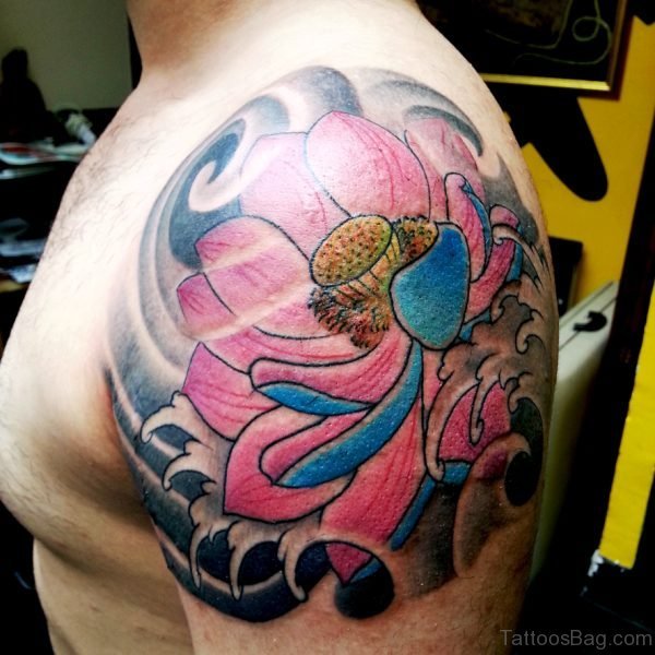Pink Flower Tattoo On Left Shoulder