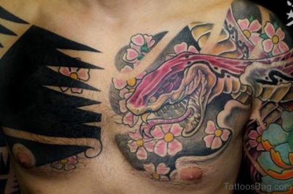 Pink Flowers And Snake Tattoo