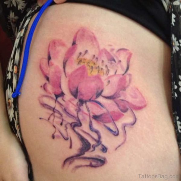 Pink Lotus Tattoo On Rib