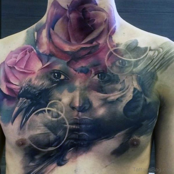 Portrait And Rose Chest Tattoo