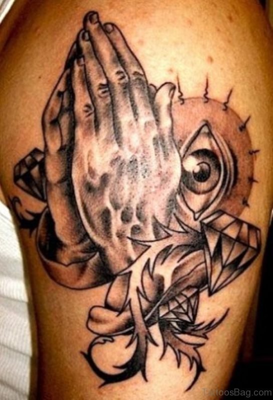 Praying Hands Cross Tattoo On Upper Arm Quote Picture