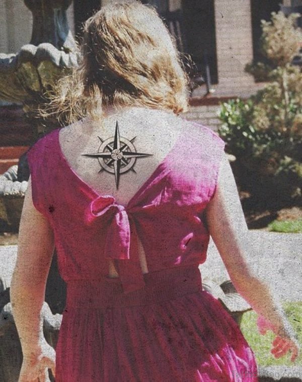 Pretty Compass Tattoo On Upper Back