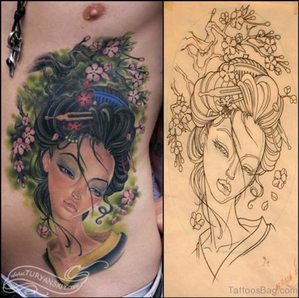 Pretty Geisha n Dragon Tattoo Design