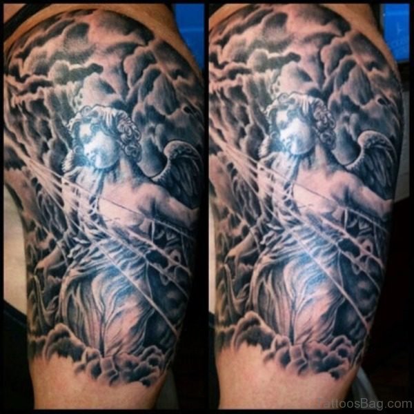 Realistic Black Ink Angel With Clouds Tattoo
