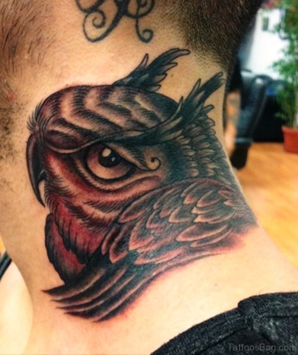 Realistic Black Owl Tattoo On Neck