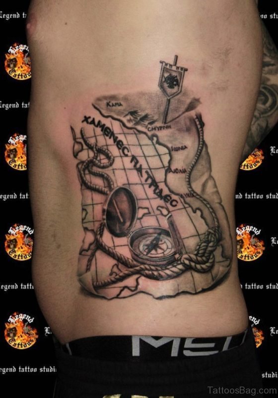 Realistic Compass With Map Tattoo