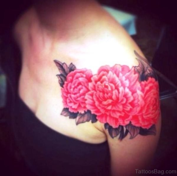 Realistic Peony Flowers Tattoo On Girl Left Shoulder