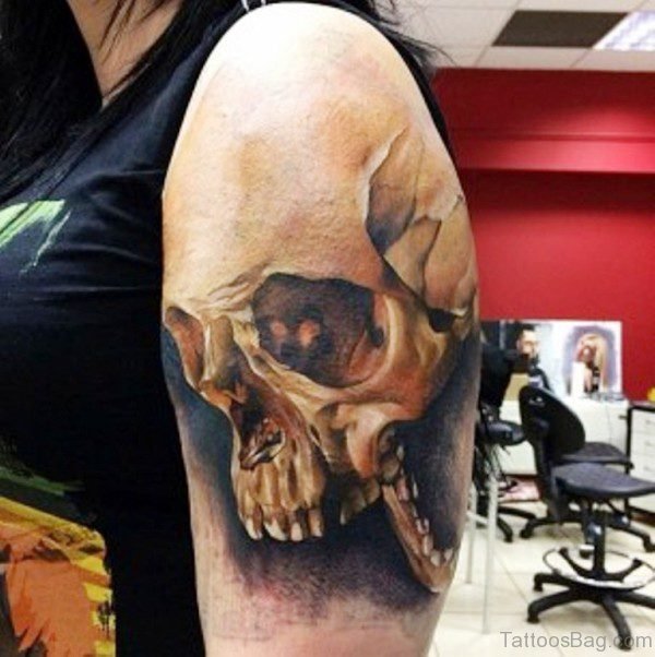 Realistic Skull Tattoo On Left Shoulder 