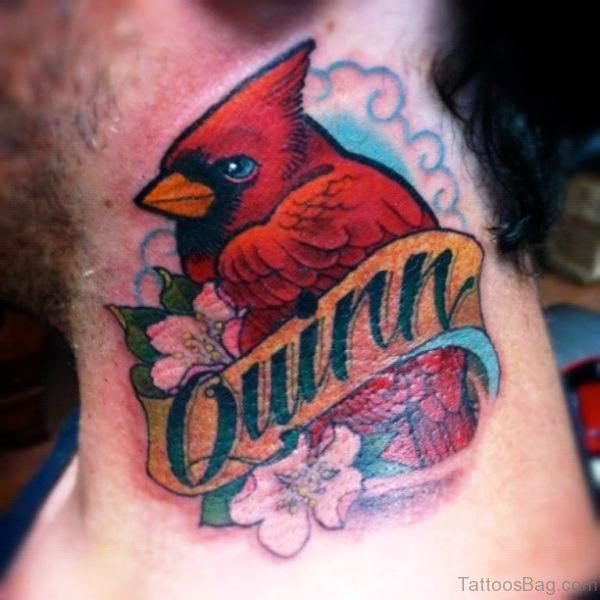 Red Bird With Letter Tattoo On Neckltrs378