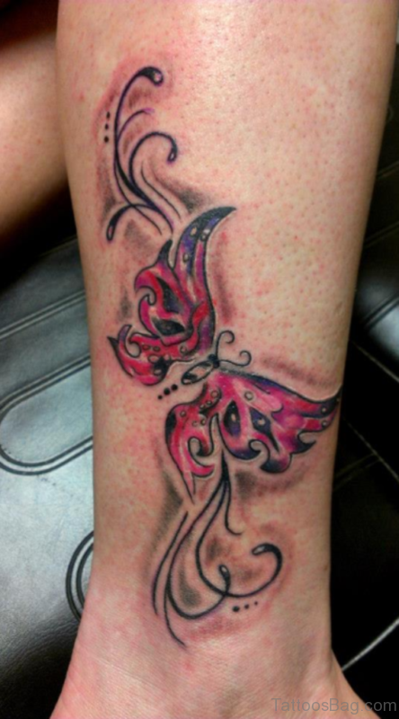 Red Butterfly Tattoo On Ankle Image