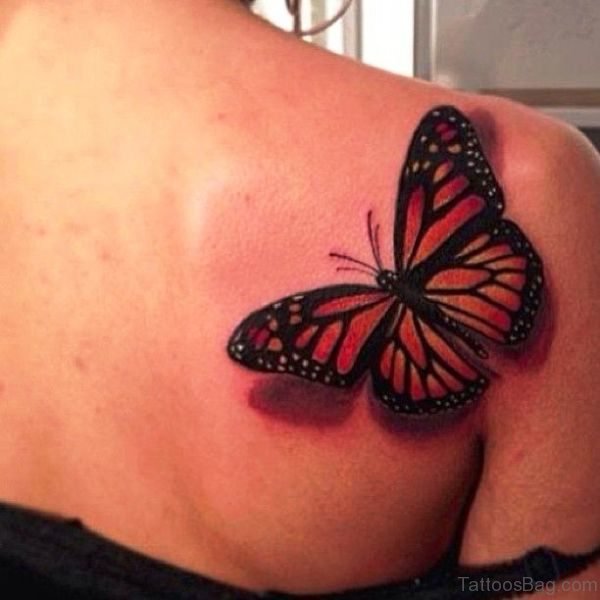 Red Butterfly Tattoo On Shoulder Back