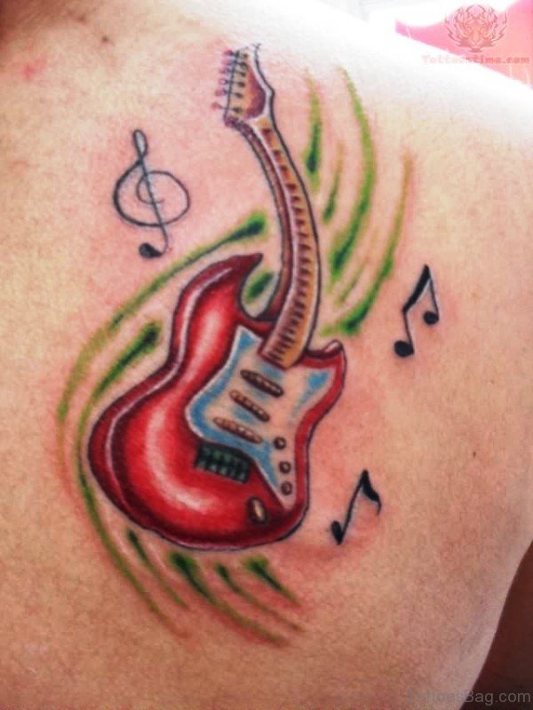 Red Color Guitar Tattoo On Back