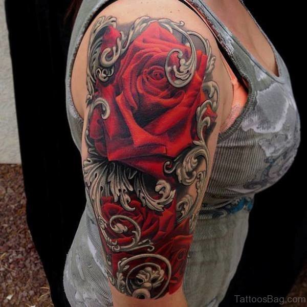 Red Colored Half Sleeves Shoulder Tattoo