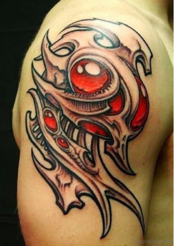Red Colored Shoulder Half Sleeves Tattoo