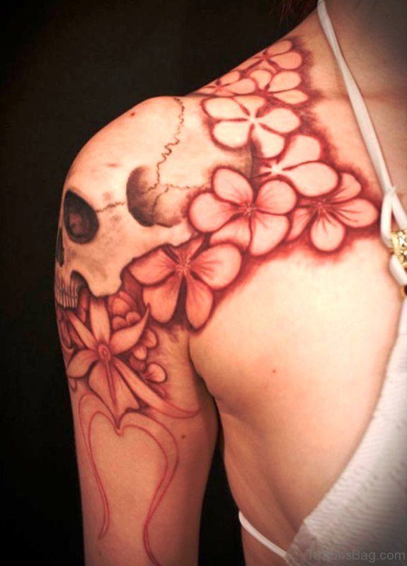 Red Flowers Tattoo On Left Shoulder