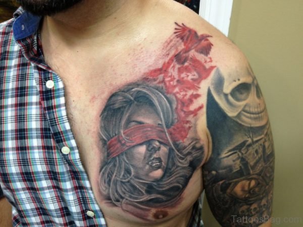 Red Flying Birds And Girl Portrait Tattoo On Chest
