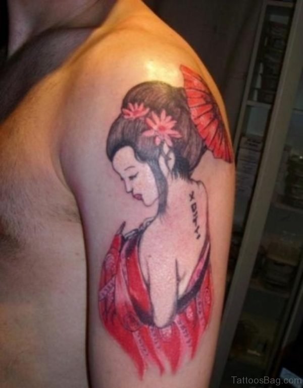 Red Geisha Girl Tattoo On Back Shoulder