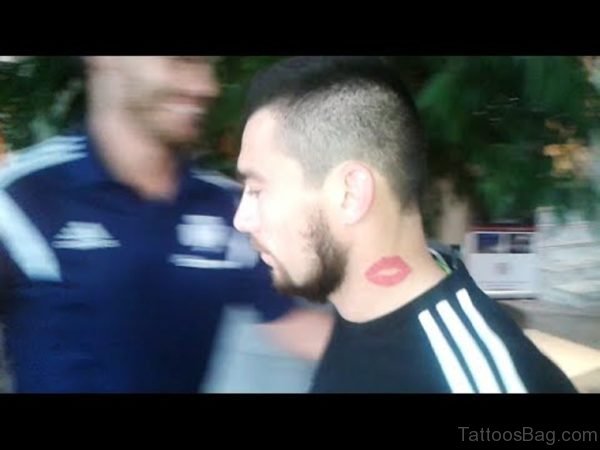Red Kiss Tattoo Design On Neck