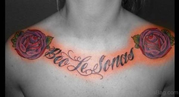 Red Rose And Beo Le Sonas Tattoo On Girl Chest