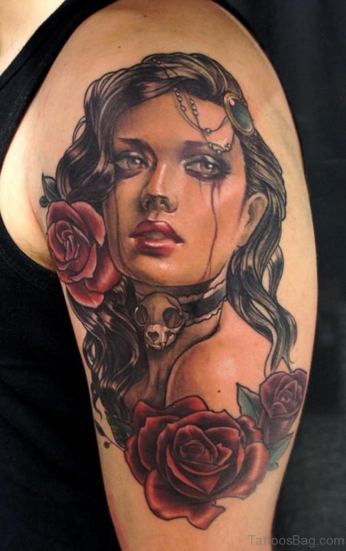 Red Rose And Portrait Tattoo