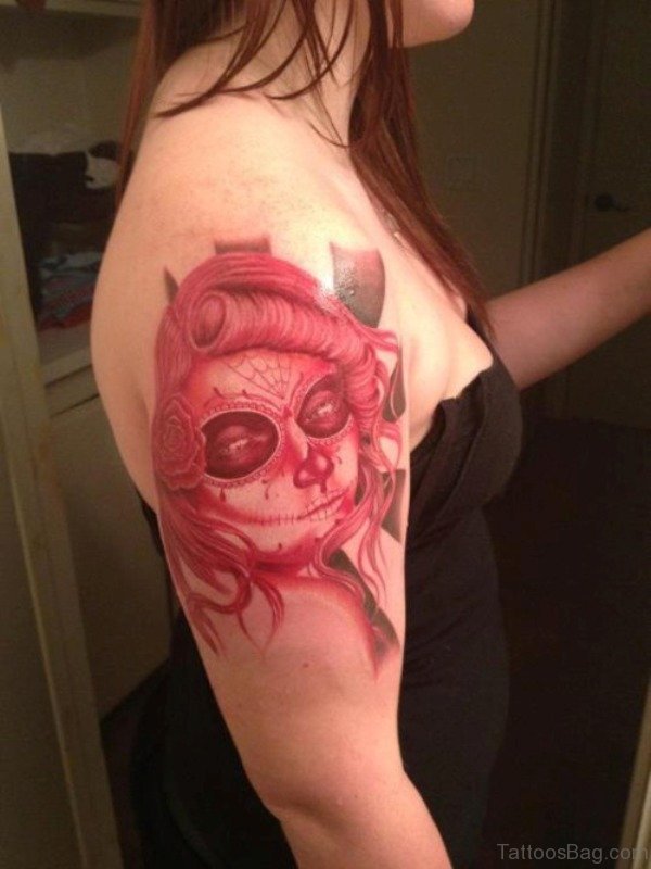 Red Skull Tattoo On Shoulder