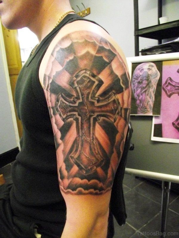 Religious Half Sleeves Cross Tattoo 