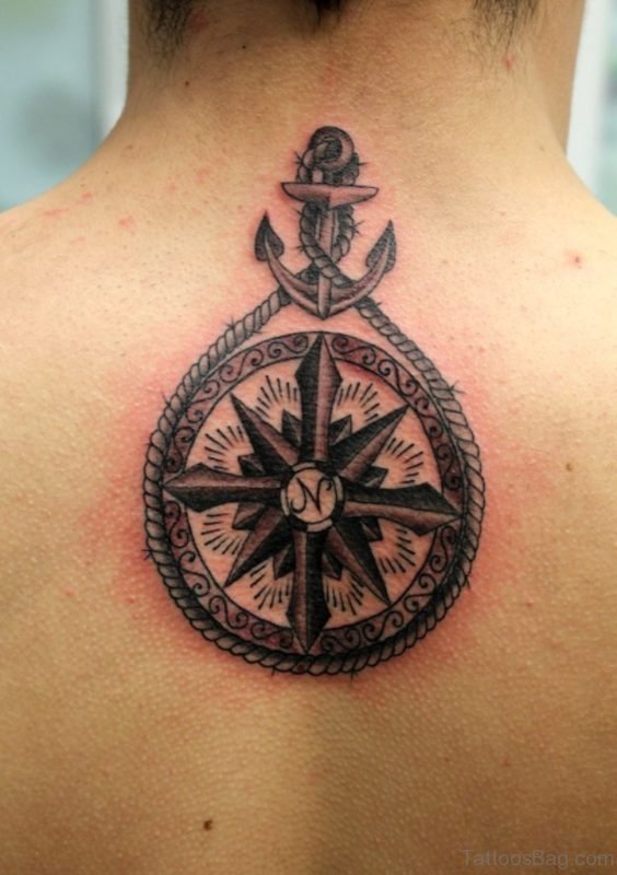 Rope Anchor Compass Tattoo On Upper Back