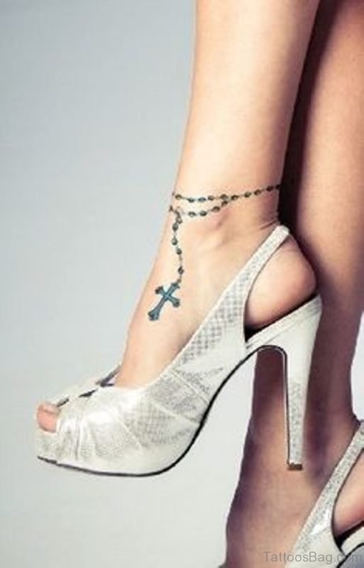Rosary Cross Tattoo On Girl Left Ankle